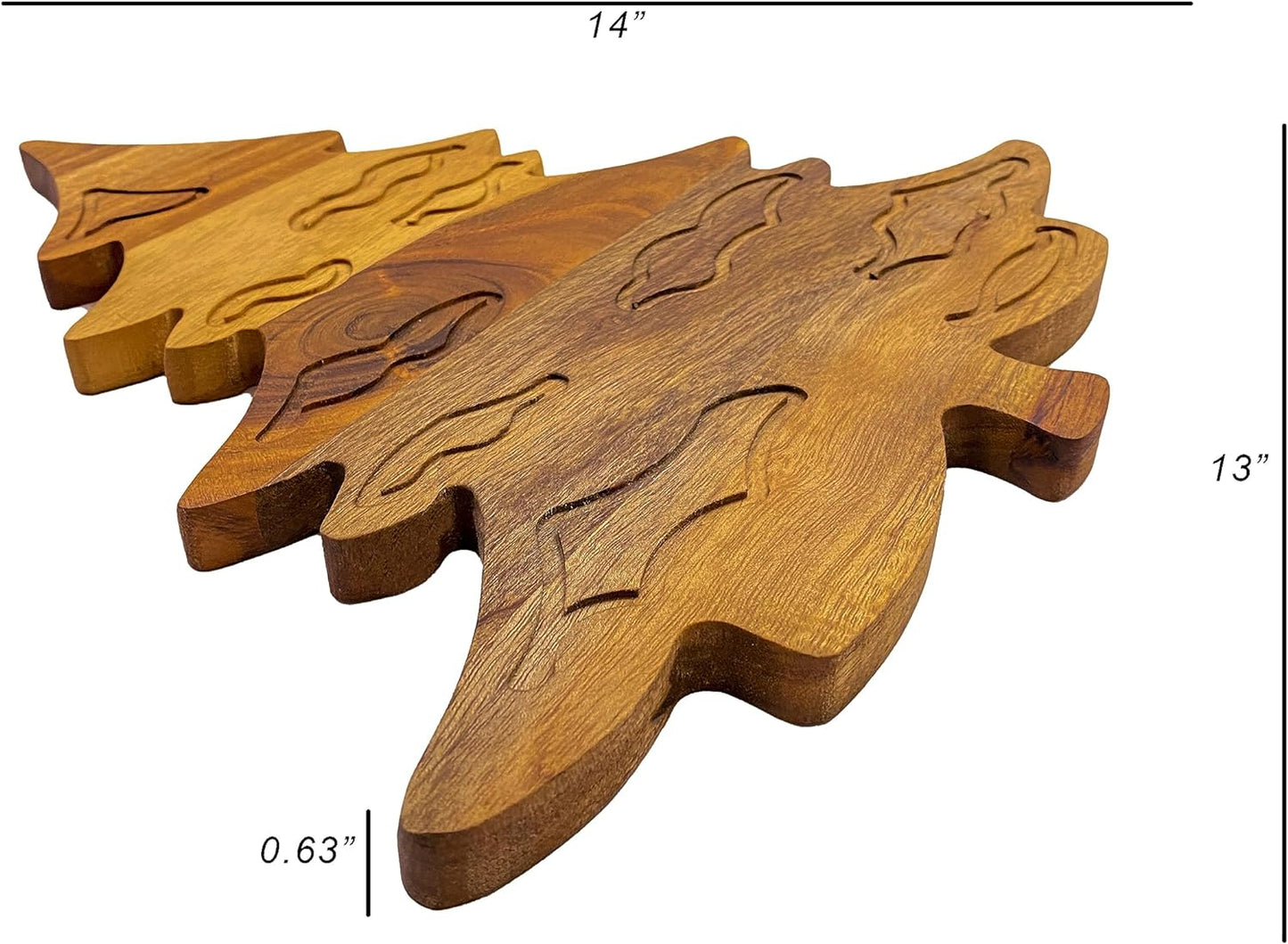 Wood Cutting Board for Kitchen Christmas Snow Leaf Tree Shaped Wooden Cutting Board with Handle & Grooves, Decorative cutting board for Cheese and Charcuterie Platter 14"L x 13"W