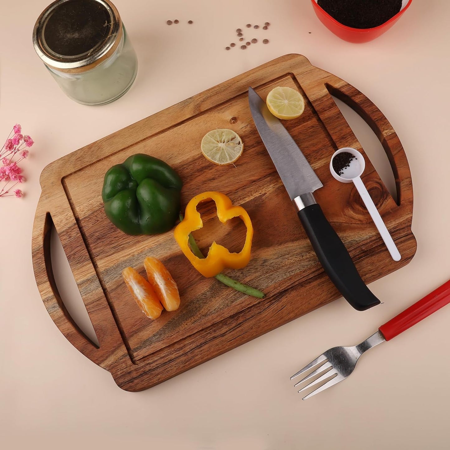 Wooden Cutting Board Series, Acacia Wood Cutting Boards for Kitchen with Double Handles, Wooden Serving Boards, Charcuterie Board for Food Meat, Fruits, Cheese 14" x 9.2"