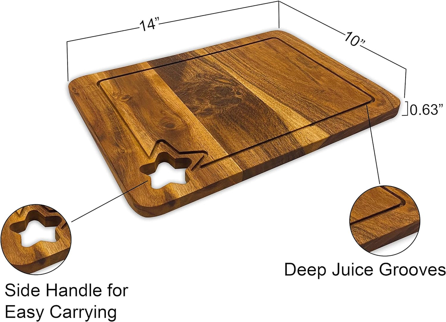 Affinity Decor Wood Cutting Board for Kitchen, Cheese Serving Boards, Charcuterie Boards, Serving Platters with Star Shaped Hanging Hole and Juice Grooves Pre Oiled, CB-134, 14"L x 10"W