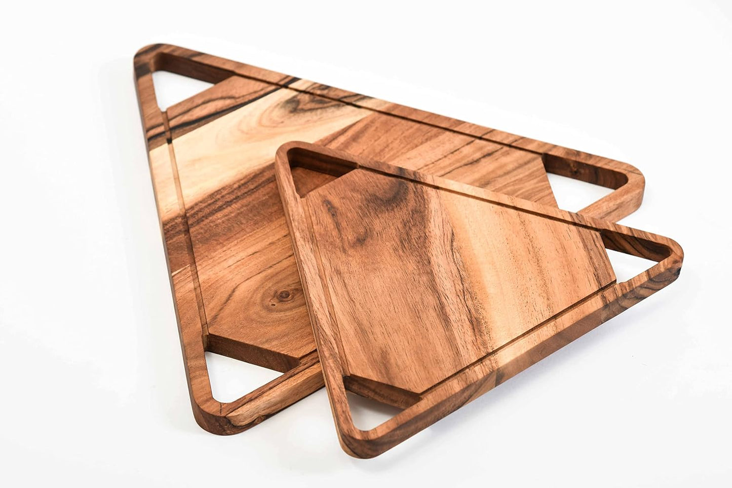 Affinity Decor Organic Acacia kitchen Cutting Chopping Board Platter Wine Holder with Handles for Butcher Block Cheese and Vegetables Fruit & Salad (Set of 2 Triangle Board 14"L x 13" W, 10"L x 11"W)