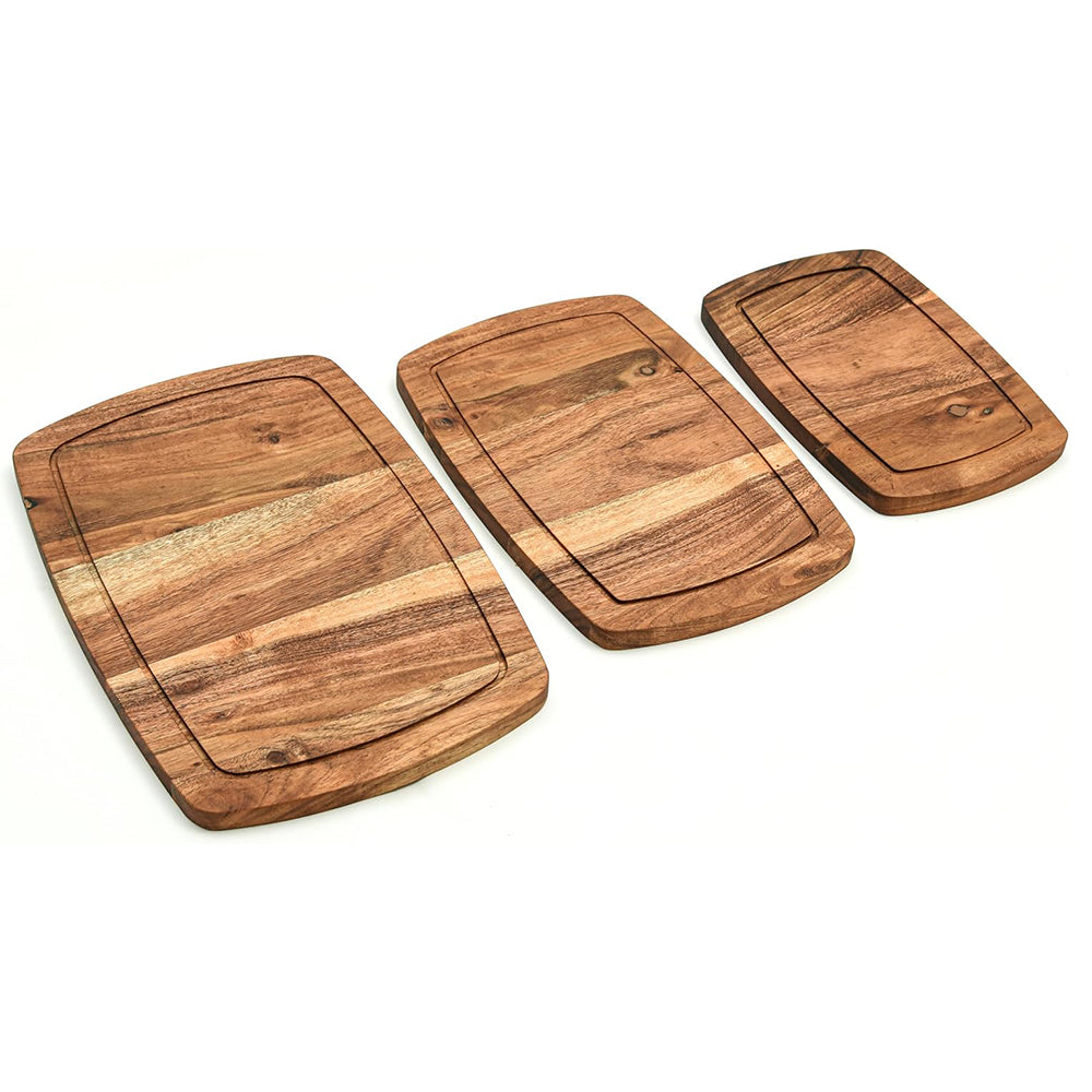 Cutting Board Series, Acacia Wood Cutting Boards for Kitchen, Wooden Serving Charcuterie Board with Grooves, Organic Set of 3 Wood Board, 13.6"x9.1", 11.8"x7.8", 9.6"x6.5"