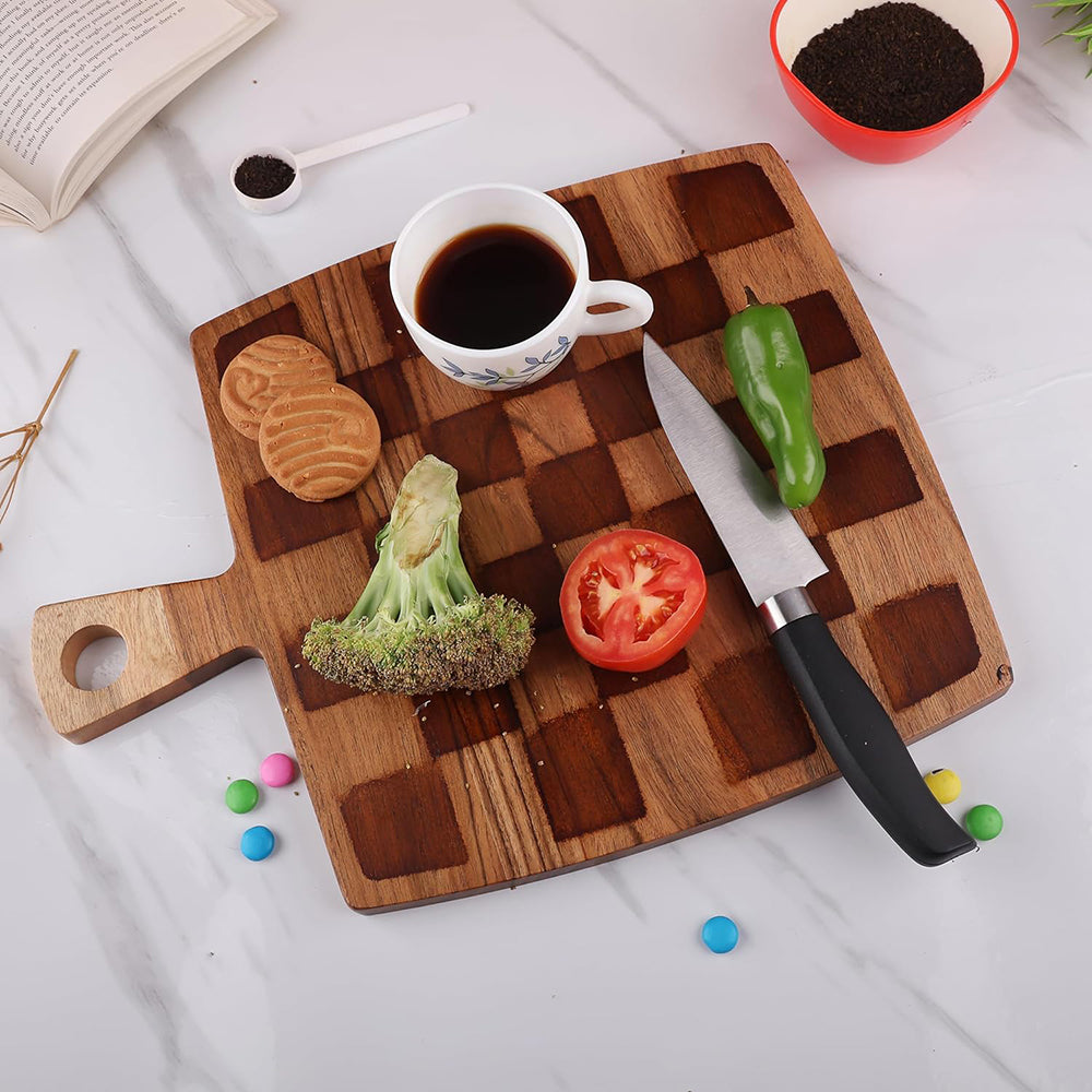 Cutting Board Series, Acacia Wood Cutting Boards for Kitchen, Wooden Serving Charcuterie Board, Chess Print Wood Board, Ideal for Chopping Meat, Fruits, Cheese 14"x10.8"