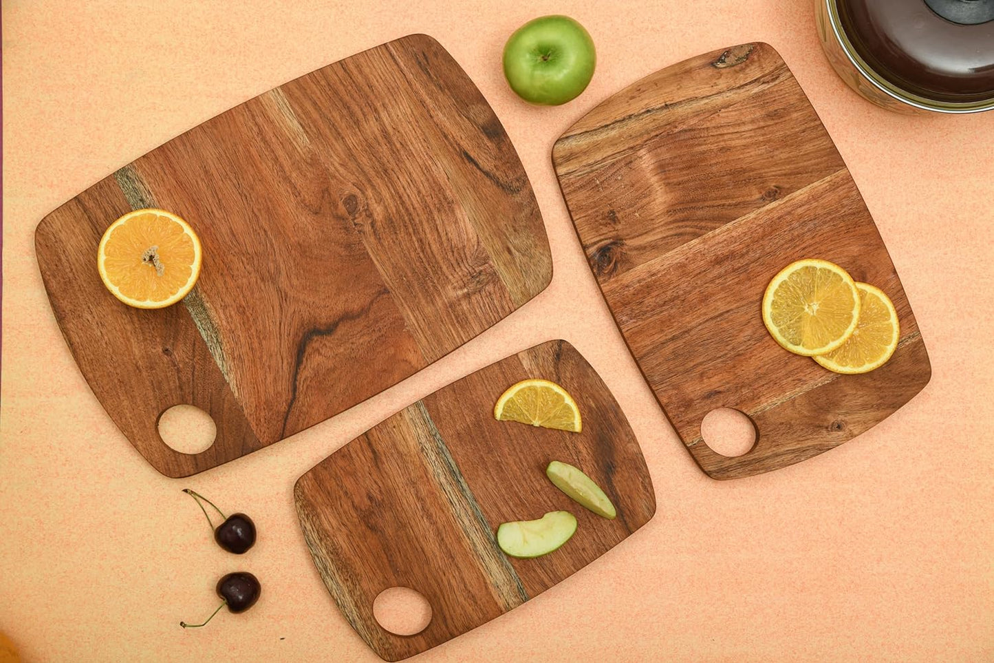 Affinity Decor Cutting Board Series, Acacia Wood Cutting Boards for Kitchen, Wooden Serving Charcuterie Board with Hanging Hole, Organic Wood Board Set of 3, 13.6"x9.1", 11.8"x7.8", 9.6"x6.5"