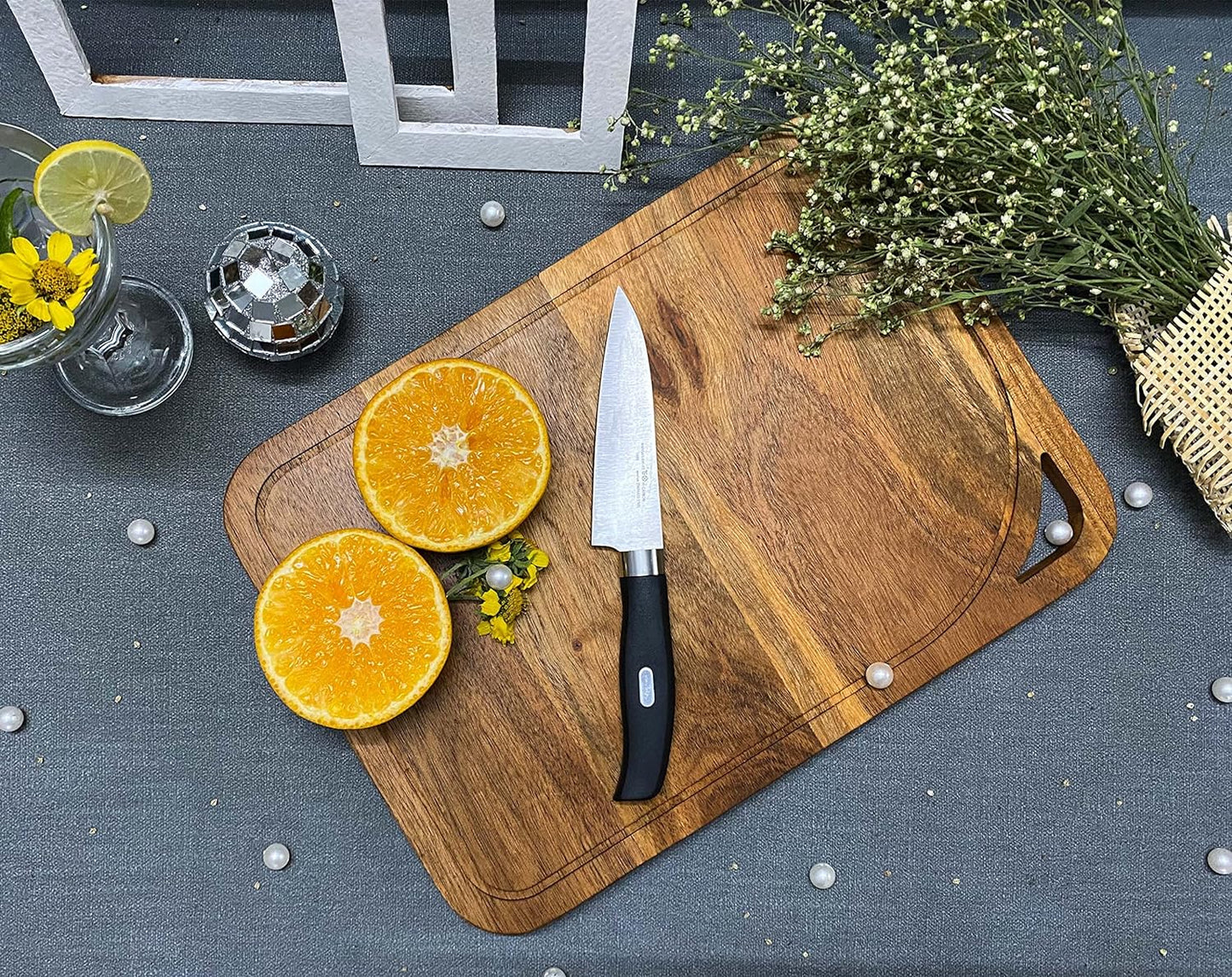 Affinity Decor Large 100% Wood Cutting Board for Kitchen Cheese, Heavy Duty Charcuterie boards, Serving Platters with Handles and Juice Grooves Pre Oiled, CB-135, 14"L x 10"W