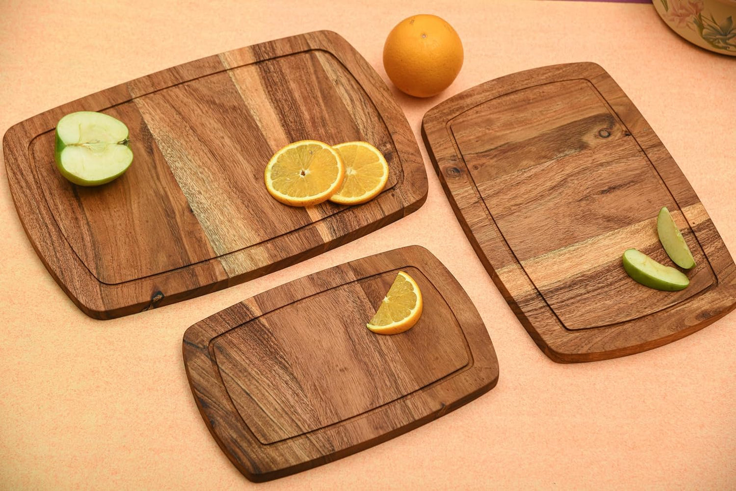 Cutting Board Series, Acacia Wood Cutting Boards for Kitchen, Wooden Serving Charcuterie Board with Grooves, Organic Set of 3 Wood Board, 13.6"x9.1", 11.8"x7.8", 9.6"x6.5"