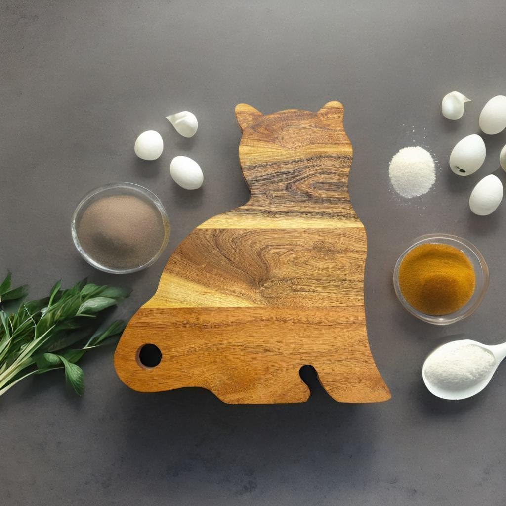 Funny Cat Shaped Wood Cutting Board for Kitchen with Handle, 14"L x 12"W Decorative Funny Cat Charcuterie Serving Board, Cheese Serving Board, Solid Wood Board