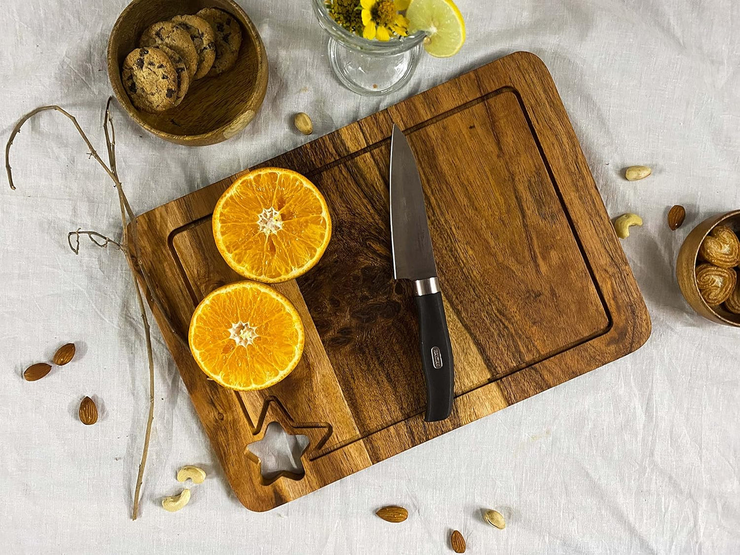 Affinity Decor Wood Cutting Board for Kitchen, Cheese Serving Boards, Charcuterie Boards, Serving Platters with Star Shaped Hanging Hole and Juice Grooves Pre Oiled, CB-134, 14"L x 10"W