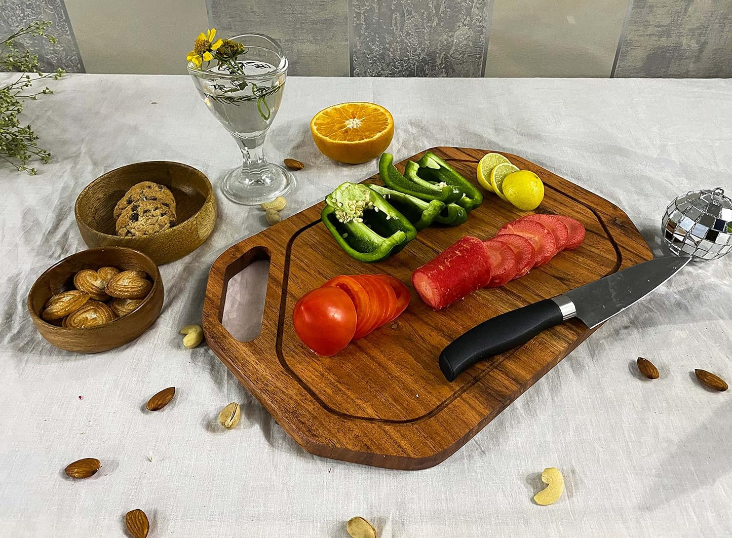 Affinity Decor Wood Cutting Board for Kitchen, Cheese Serving Boards, Charcuterie Boards, Festive Serving Platters with Handle and Juice Grooves Pre Oiled, CB-130, 14"L x 10"W