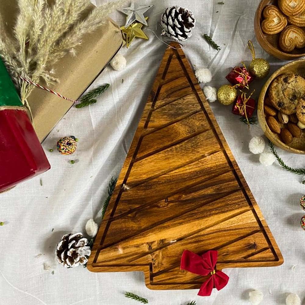 Organic Acacia kitchen Cutting Chopping Charcuterie Board Platter for Butcher Block Cheese and Vegetables (Slicey Christmas Tree Board 12.5"L x 10"W)