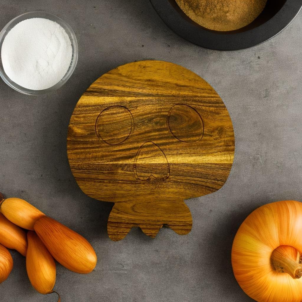 Acacia Wood Halloween Scary Skeleton Head Cutting Board with Groove for Festive Decor and Appetizer Serving Tray (12"L x 11.25"W)