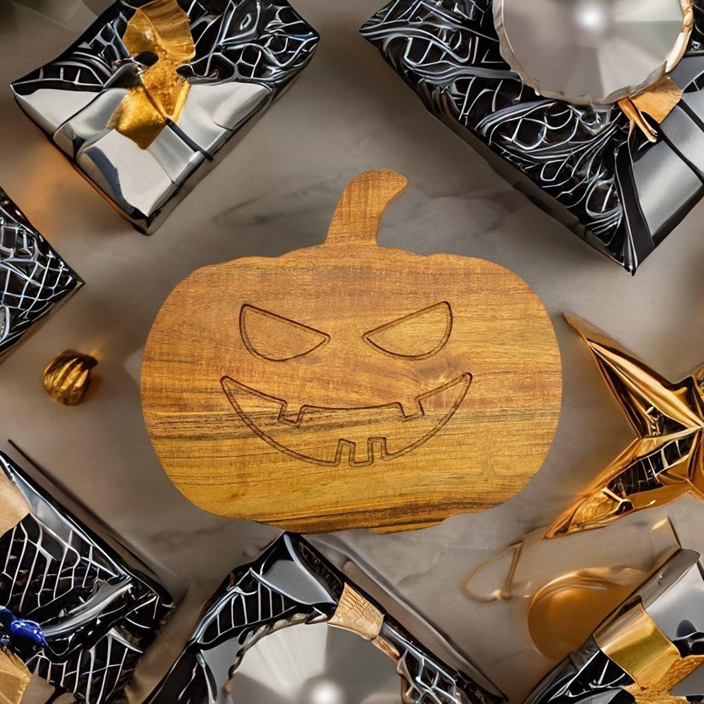 Halloween Wood Cutting Board for Kitchen, 12"L x 13"W Pumpkin Shaped Wooden Cutting Boards with Handle, Charcuterie Boards, Serving Platter for Cheese & Kitchen Decoration