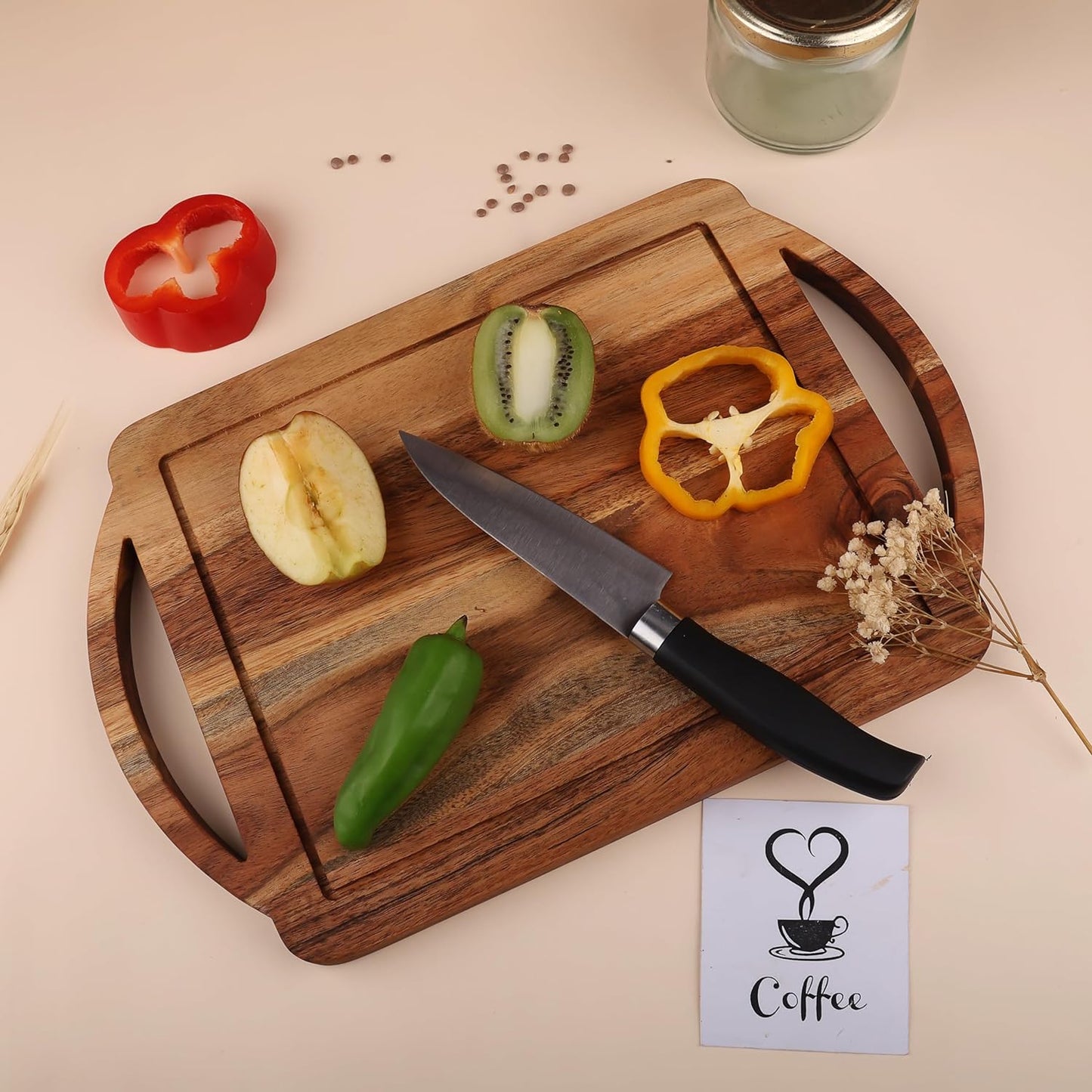 Wooden Cutting Board Series, Acacia Wood Cutting Boards for Kitchen with Double Handles, Wooden Serving Boards, Charcuterie Board for Food Meat, Fruits, Cheese 14" x 9.2"