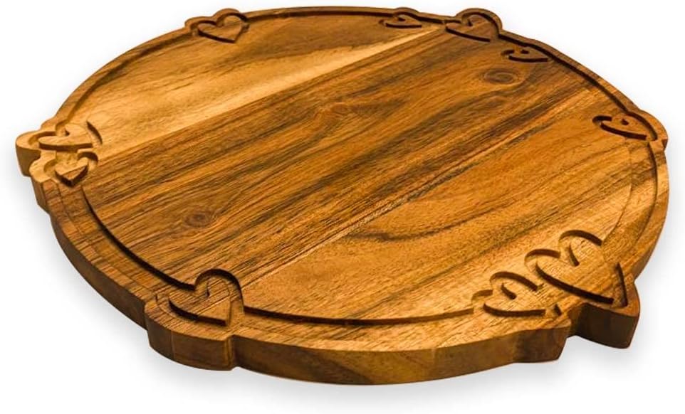 Organic Acacia Wooden Cutting Board kitchen Charcuterie Platter, Valentine's and Mother's Day Gifts for Cheese and Vegetables Meat (Heart in Round Board 11.5"L x 11.5"W)