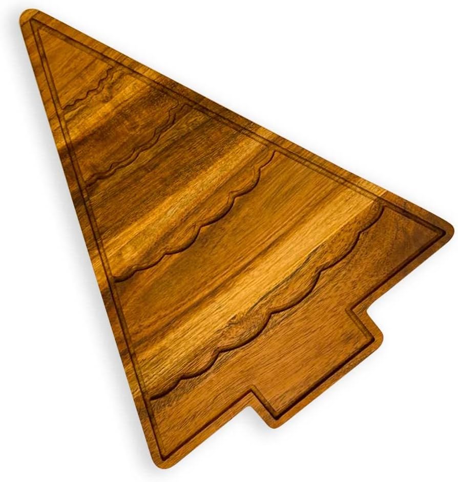 Organic Acacia kitchen Cutting Chopping Charcuterie Board Platter for Butcher Block Cheese and Vegetables (Christmas Tree with Curved Groove 13.5"L x 10.8"W)