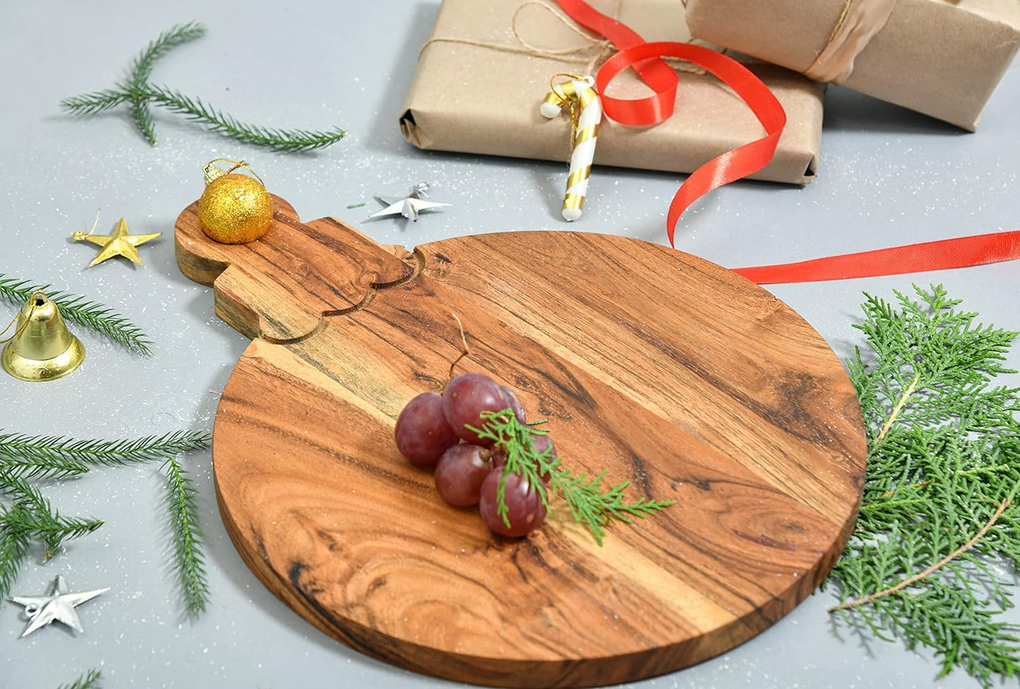 Organic Acacia Wood Cutting Board for kitchen Platter with Handles Butcher Block Chopping Boards for Cheese Vegetables Fruit & Salad (Bulb Board 13"L x 10"W)