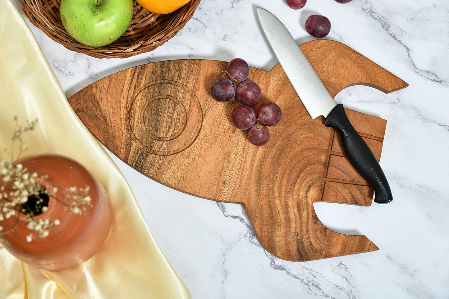 Affinity Decor Organic Acacia Wood Kitchen Cutting Chopping Board for Butcher Block Cheese and Vegetables Fruit Salad Halloween Christmas Gift (Rocket Board 13"L x 10"W)