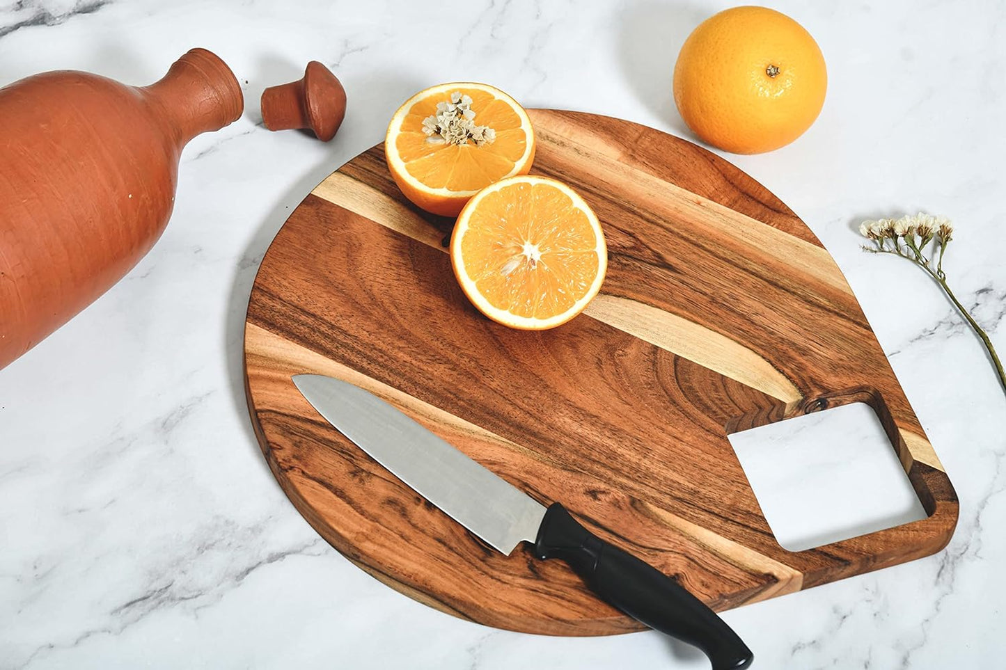 Affinity Decor Organic Acacia kitchen Cutting Chopping Board Platter Wine Holder with Handles for Butcher Block Cheese and Vegetables Fruit & Salad (Round Square Board 14"L x 12"W)