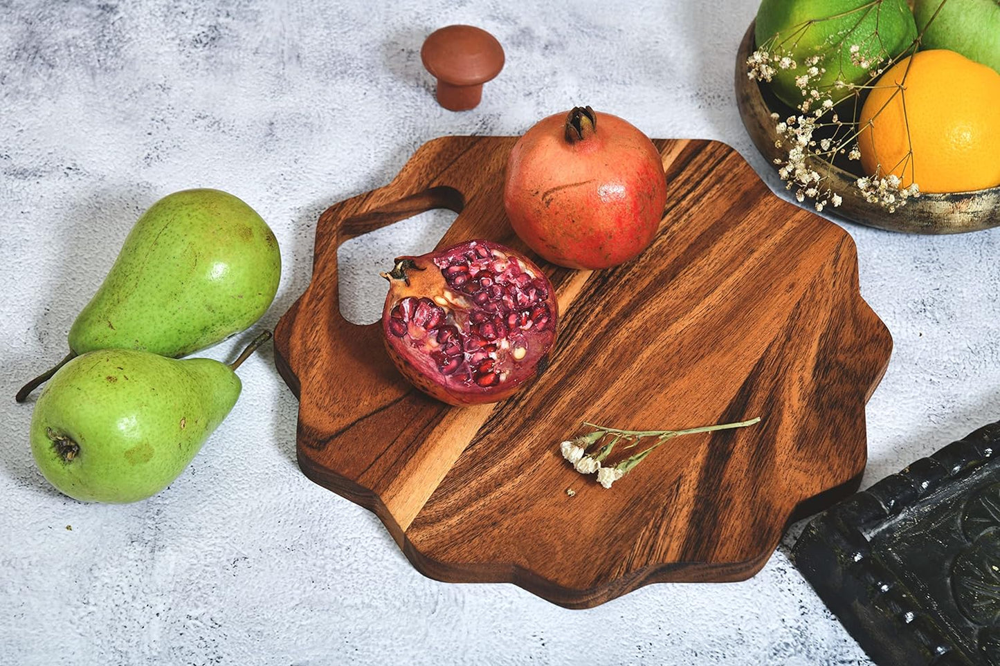 Organic Acacia kitchen Cutting Chopping Board Platter Wine Holder with Handles for Butcher Block Cheese and Vegetables Fruit & Salad (Flower Board 11"L x 11"W x 0.63Th)