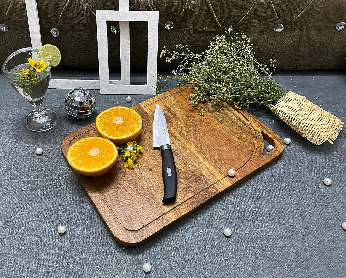 Affinity Decor Large 100% Wood Cutting Board for Kitchen Cheese, Heavy Duty Charcuterie boards, Serving Platters with Handles and Juice Grooves Pre Oiled, CB-135, 14"L x 10"W