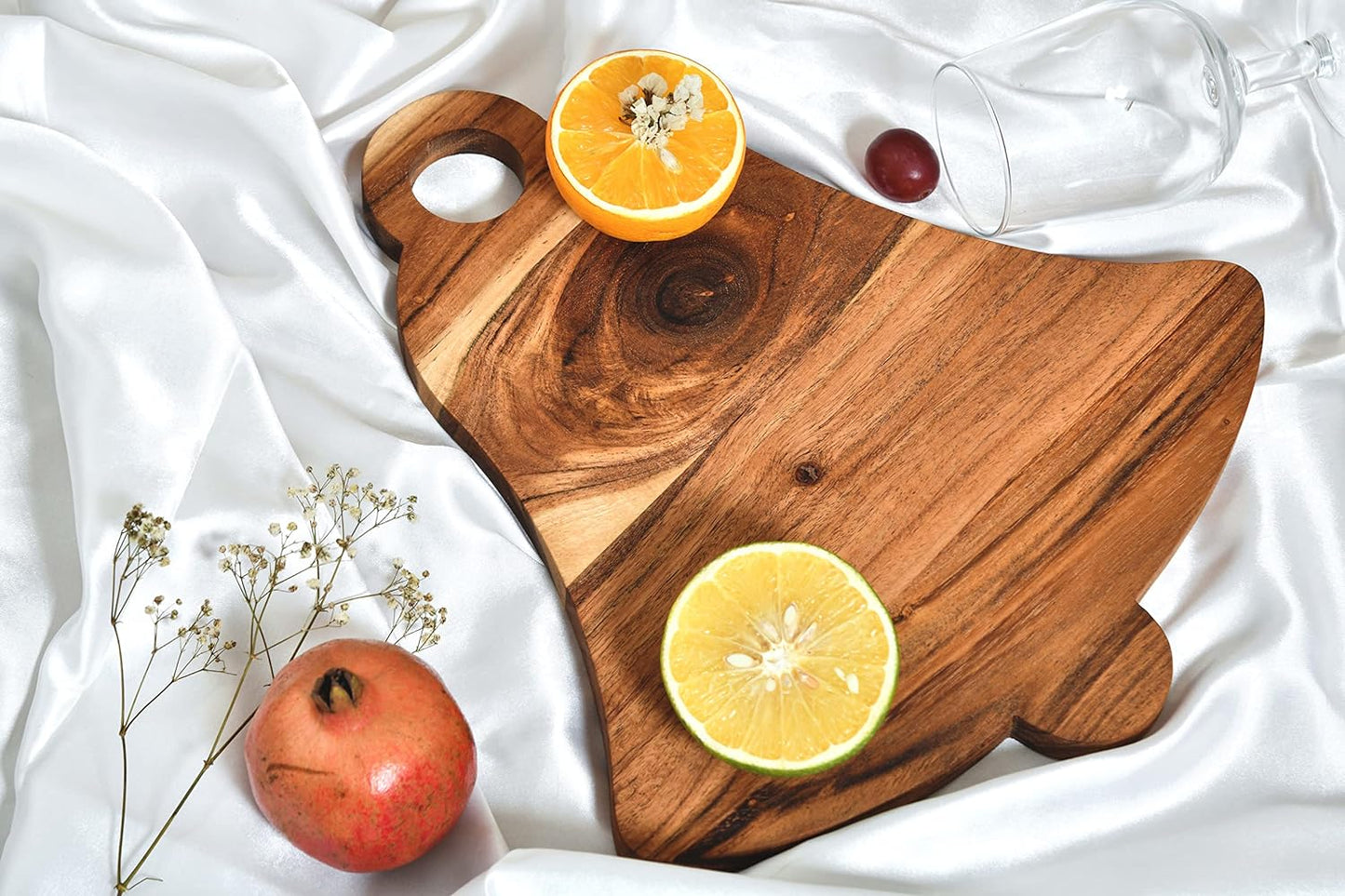 Organic Acacia kitchen Cutting Chopping Board Platter Wine Holder with Handles for Butcher Block Cheese and Vegetables Fruit & Salad (Bell Board 14"L x 13"W)