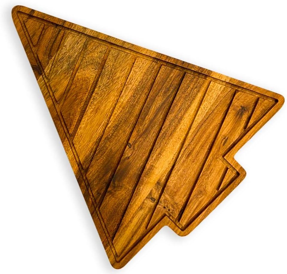 Organic Acacia kitchen Cutting Chopping Charcuterie Board Platter for Butcher Block Cheese and Vegetables (Slicey Christmas Tree Board 12.5"L x 10"W)