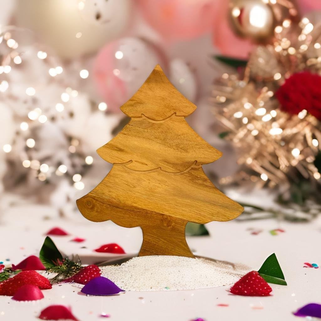 Christmas Mini Tree Cutting Board for Kitchen, Tree Shaped Wood Cutting Board with Grooves, Charcuterie Wooden Serving Tray (Mini Christmas Tree Board with Groove 11"L x 9"W)