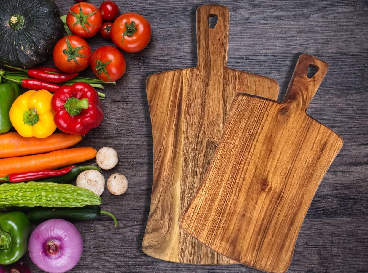 Wood Set Of 2 Cutting Boards Kitchen, Thick Chopping Board, Large Wooden Cutting Board with Deep Juice Groove and Handles, Wooden trays for meat, fruit and cheese (17 X 9 X 0.63 Inch)