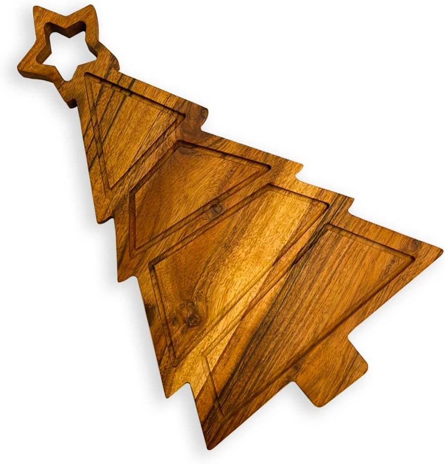 Christmas Tree Shaped Wood Cutting Board for kitchen, Wooden Charcuterie Platter, Decorative Serving Tray, Cheese Boards (Star Christmas Tree with Groove 14"L x 8.9"W)