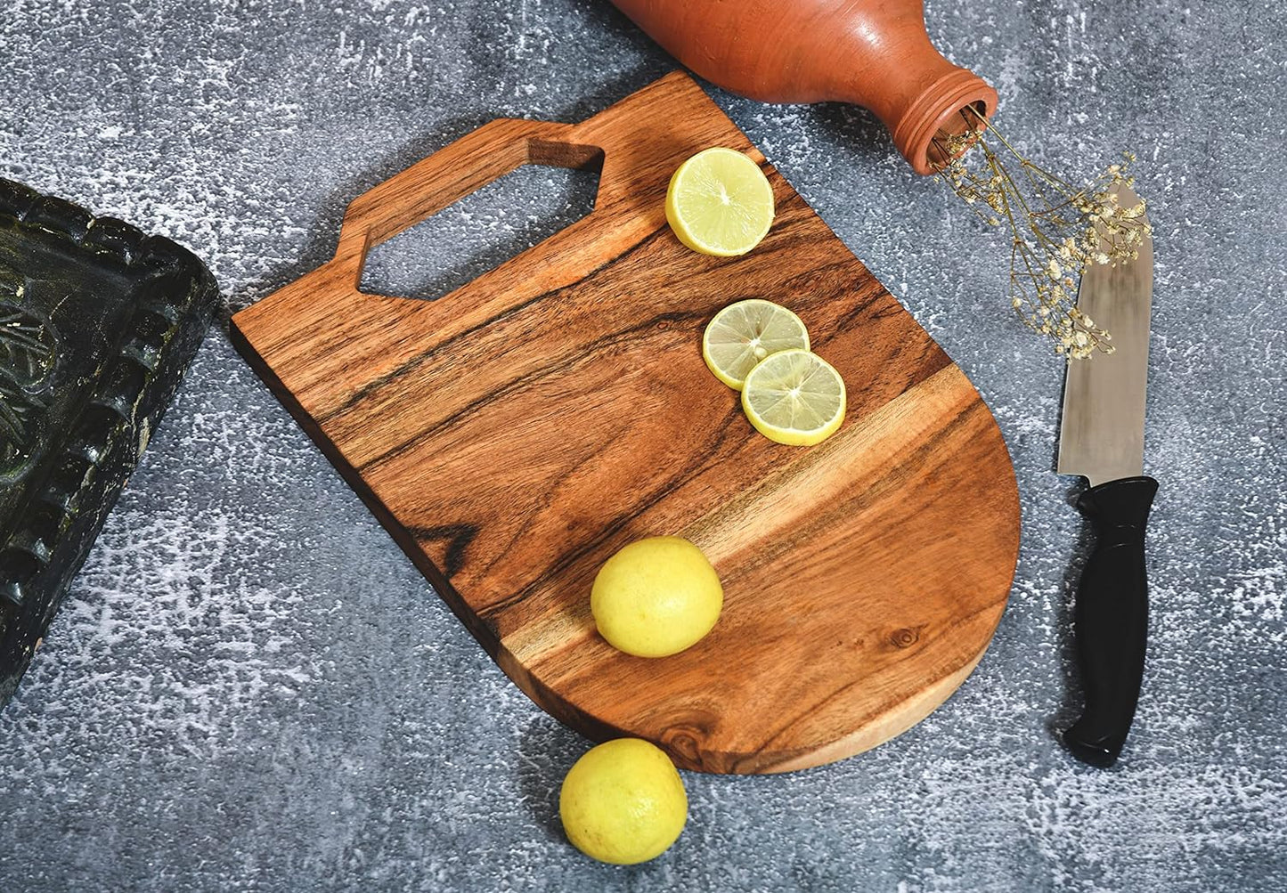 Affinity Decor Organic Acacia kitchen Cutting Chopping Board Platter Wine Holder with Handles for Butcher Block Cheese and Vegetables Fruit & Salad (U Hex Board 12"L x 8"W)