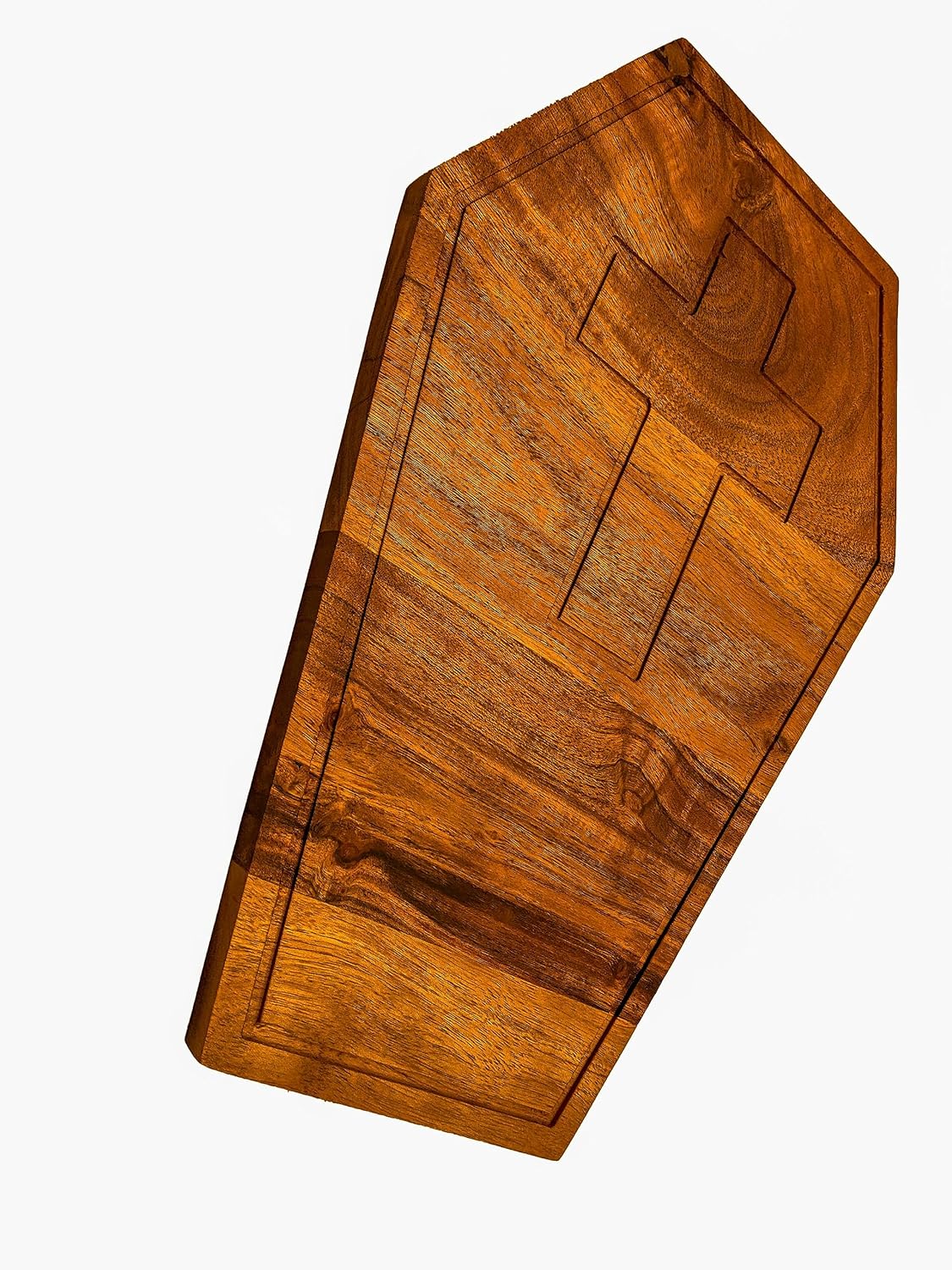 Acacia Wood Halloween Scary Coffin Cutting Board with Groove for Festive Decoration and Appetizer Serving Tray (13.75"L x 9.5"W)