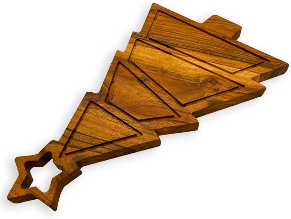 Christmas Tree Shaped Wood Cutting Board for kitchen, Wooden Charcuterie Platter, Decorative Serving Tray, Cheese Boards (Star Christmas Tree with Groove 14"L x 8.9"W)