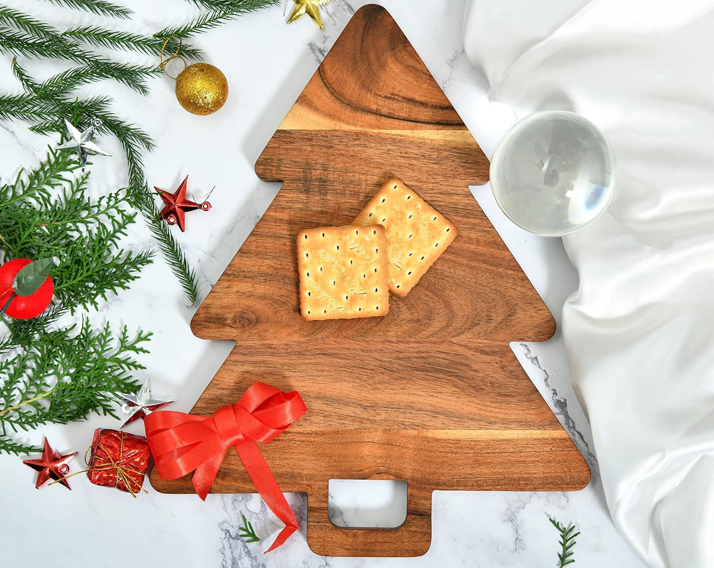 Christmas Tree Shaped Wood Cutting Board for kitchen, Christmas Tree Wooden Serving Tray with Handle, Christmas Decoration Charcuterie Tree Boards 14"L x 11"W