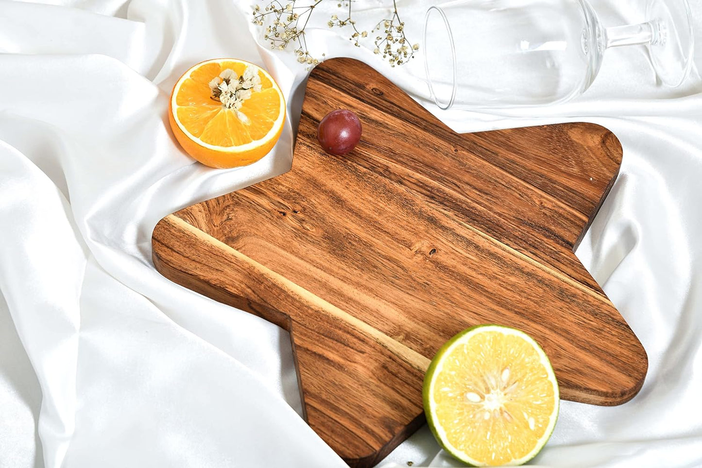 Organic Acacia kitchen Cutting Chopping Board Platter Wine Holder with Handles for Butcher Block Cheese and Vegetables Fruit & Salad (Star Board 12"L x 12"W)