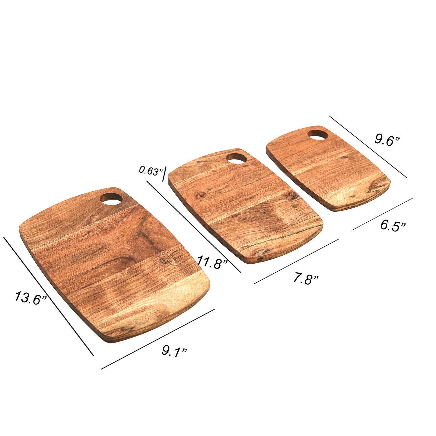 Affinity Decor Cutting Board Series, Acacia Wood Cutting Boards for Kitchen, Wooden Serving Charcuterie Board with Hanging Hole, Organic Wood Board Set of 3, 13.6"x9.1", 11.8"x7.8", 9.6"x6.5"