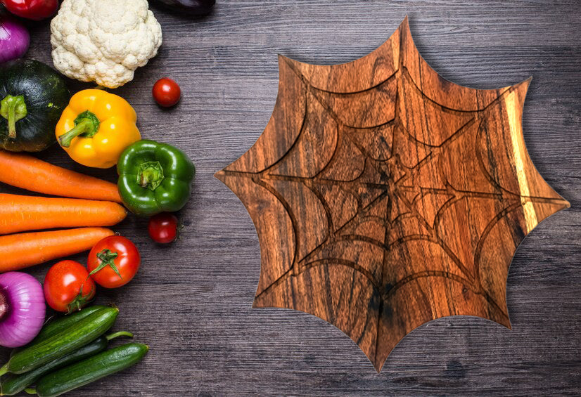 Halloween Spider Net Shaped Wood Cutting Board for kitchen Decoration, Gothic Cutting Boards, Charcuterie Wooden Boards, Serving Platter