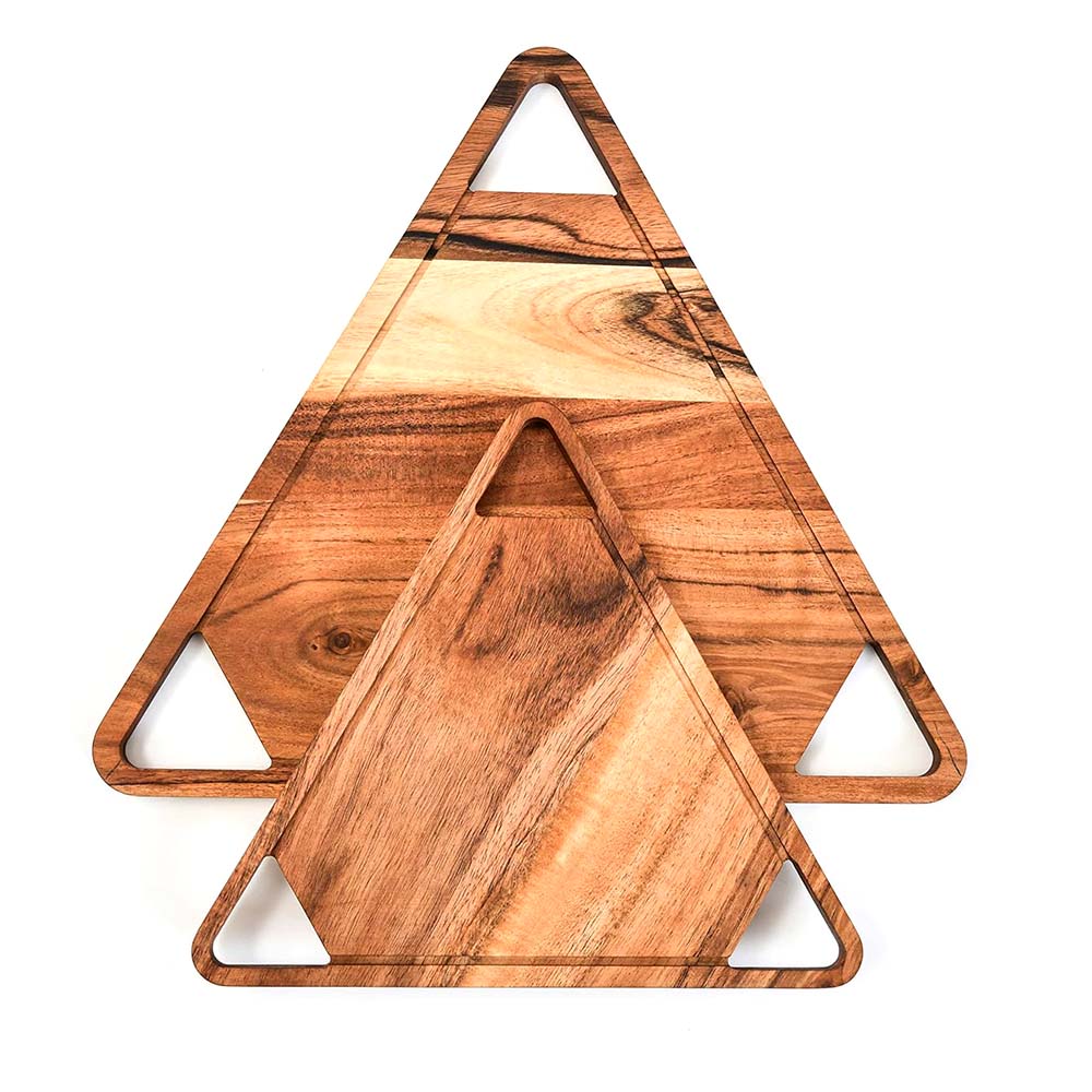 Affinity Decor Organic Acacia kitchen Cutting Chopping Board Platter Wine Holder with Handles for Butcher Block Cheese and Vegetables Fruit & Salad (Set of 2 Triangle Board 14"L x 13" W, 10"L x 11"W)