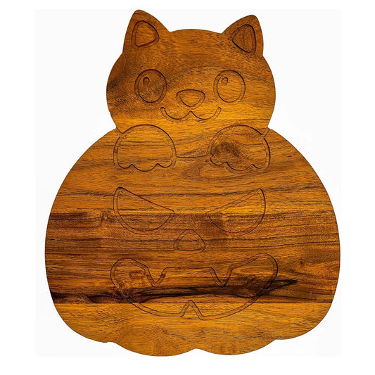 Acacia Wood Cute Halloween Pumpkin & Cat Cutting Board with Grooves for Festive Decor and Appetizer Serving Tray (13.75"L x 11.65"W)